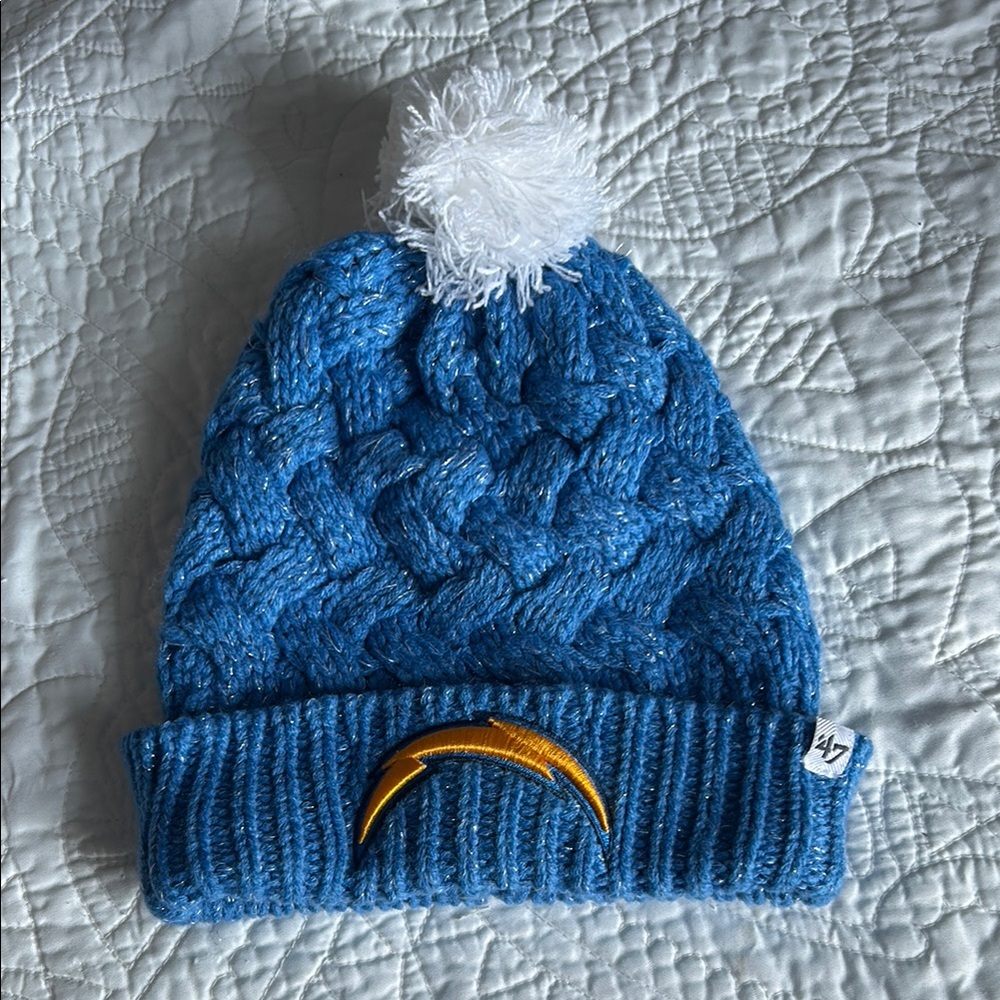 LA Chargers  Blue Knit Beanie with White Pom-Pom and Gold Bolt Accent
